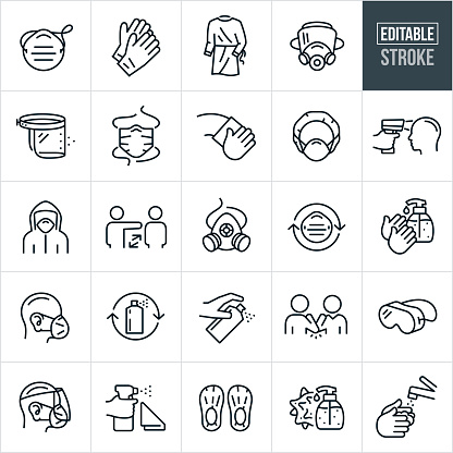 A set of medical personal protective equipment icons that include editable strokes or outlines using the EPS vector file. The icons include a face mask, surgeons mask, latex gloves, surgeons gown, gas mask, face shield, cleaning, cleaner, hair net, temperature gun, hazmat, hazmat suit, social distancing, respirator, hand sanitizer, person wearing a face mask, person wearing a face mask and face shield, spray cleaner, elbow bump, goggles, foot booties, virus and hand washing to name a few.