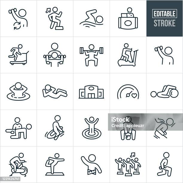 Ilustración de Iconos De Línea Fina De Gimnasio Trazo Ediable y más Vectores Libres de Derechos de Ícono - Ícono, Gimnasio, Centro de bienestar