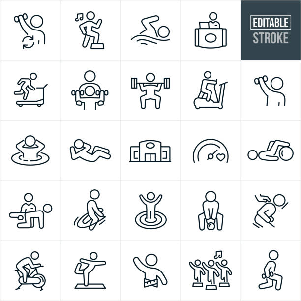A set of fitness facility icons that include editable strokes or outlines using the EPS vector file. The icons include a person lifting weights, person doing aerobics to music, person swimming, fitness facility staff, customer running on treadmill, personal trainer, person deadlifting, person on elliptical trainer, person in spa, person doing sit-ups, fitness facility, goal, person training, physical exercise, jump roping, person using kettle bell, message, person on exercise bike, person doing yoga, person with tape measure around waist, aerobics class and a person doing lunges while holding a dumbbell to name a few.
