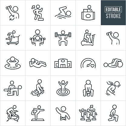 A set of fitness facility icons that include editable strokes or outlines using the EPS vector file. The icons include a person lifting weights, person doing aerobics to music, person swimming, fitness facility staff, customer running on treadmill, personal trainer, person deadlifting, person on elliptical trainer, person in spa, person doing sit-ups, fitness facility, goal, person training, physical exercise, jump roping, person using kettle bell, message, person on exercise bike, person doing yoga, person with tape measure around waist, aerobics class and a person doing lunges while holding a dumbbell to name a few.