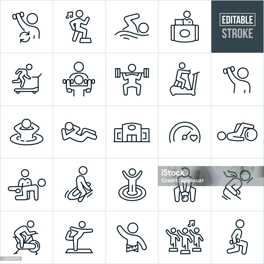 Fitness Facility Thin Line Icons - Ediatable Stroke A set of fitness facility icons that include editable strokes or outlines using the EPS vector file. The icons include a person lifting weights, person doing aerobics to music, person swimming, fitness facility staff, customer running on treadmill, personal trainer, person deadlifting, person on elliptical trainer, person in spa, person doing sit-ups, fitness facility, goal, person training, physical exercise, jump roping, person using kettle bell, message, person on exercise bike, person doing yoga, person with tape measure around waist, aerobics class and a person doing lunges while holding a dumbbell to name a few. Icon stock vector