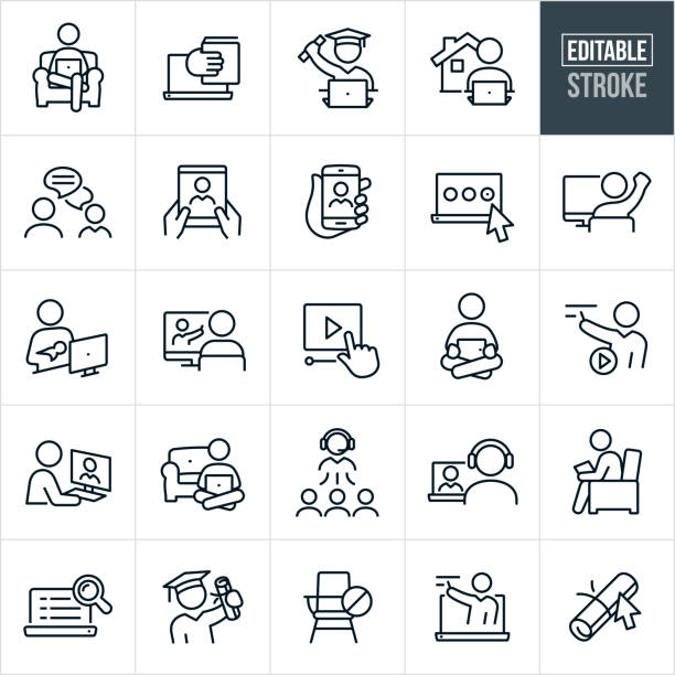 e-learning Thin Line Icons - Editable Stroke A set e-learning icons that include editable strokes or outlines using the EPS vector file. The icons include many instances of students learning online. They include a student sitting in a chair at home with laptop, laptop with book, graduate with graduation cap and diploma sitting at laptop, student learning from home, teacher online chatting with student, professor on tablet PC, teacher on mobile device, online test, student on desktop computer, new mother holding baby while on the computer, online video, student sitting cross legged with tablet pc, instructor video, student learning from teacher on laptop, graduate holding diploma and other e-learning icons. continuing education stock illustrations