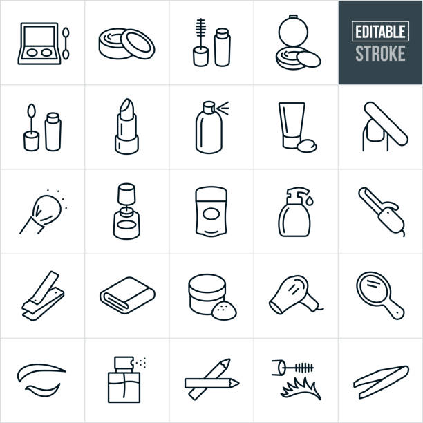 Cosmetics Thin Line Icons - Editable Stroke A set of cosmetics icons that include editable strokes or outlines using the EPS vector file. The icons include eye shadow, skin cream, mascara, face power, blush, lip gloss, lip stick, hair spray, lotion, nail file, face powder brush, nail polish, deodorant, hand soap, curling iron, nail clippers, towel, hair dryer, hand mirror, perfume, eye liner, tweezers and other related icons. eyeliner brush stock illustrations