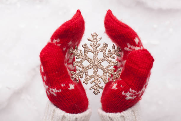istock Hands in the mittens holding decorative snowflake 1221425358
