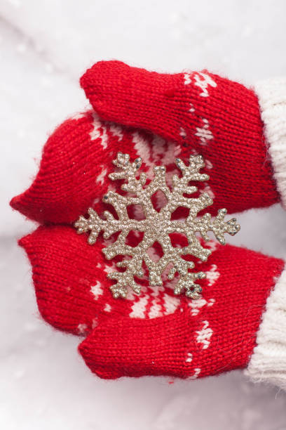 istock Hands in the mittens holding decorative snowflake 1221425359