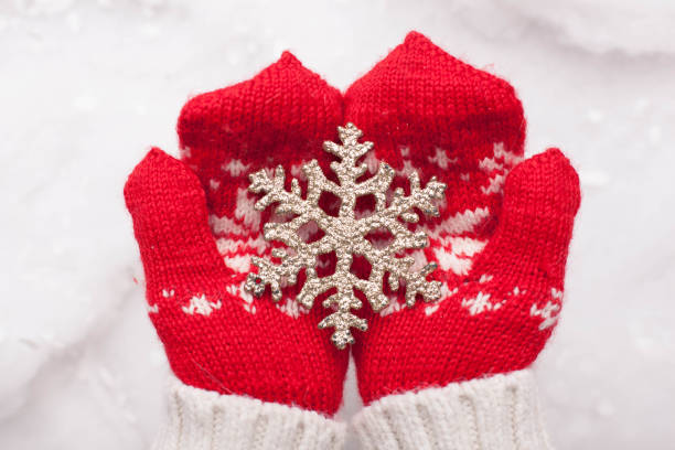 istock Hands in the mittens holding decorative snowflake 1221425379