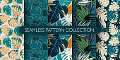 istock Set of jungle exotic leaves seamless pattern. Hand drawn tropical leaf wallpaper. Creative botanical vector illustration. 1221426408