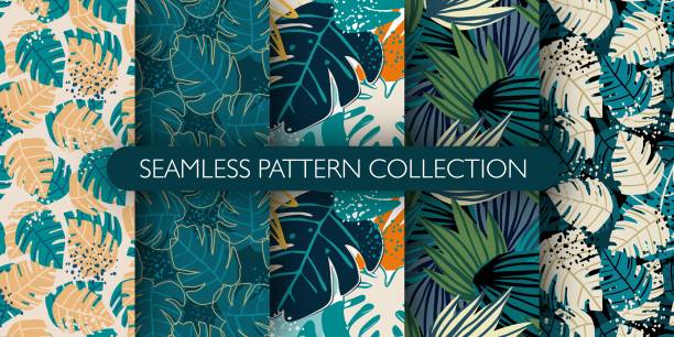Set of jungle exotic leaves seamless pattern. Hand drawn tropical leaf wallpaper. Creative botanical vector illustration. Set of jungle exotic leaves seamless pattern. Hand drawn tropical leaf wallpaper. Creative botanical vector illustration. Design for fabric, textile print, wrapping paper, fashion, interior, cover tropical pattern stock illustrations