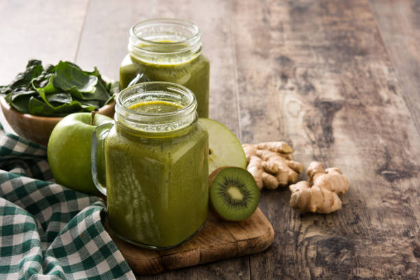 istock Healthy green smoothie in jar 1221426556
