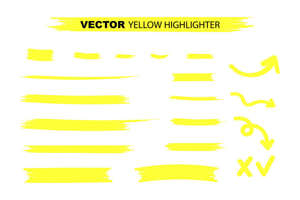 ilustraciones, imágenes clip art, dibujos animados e iconos de stock de trazos de marcador de resaltador amarillo. conjunto de resaltado dibujado a mano de acuarela amarilla. ilustración de stock vectorial. - distance marker