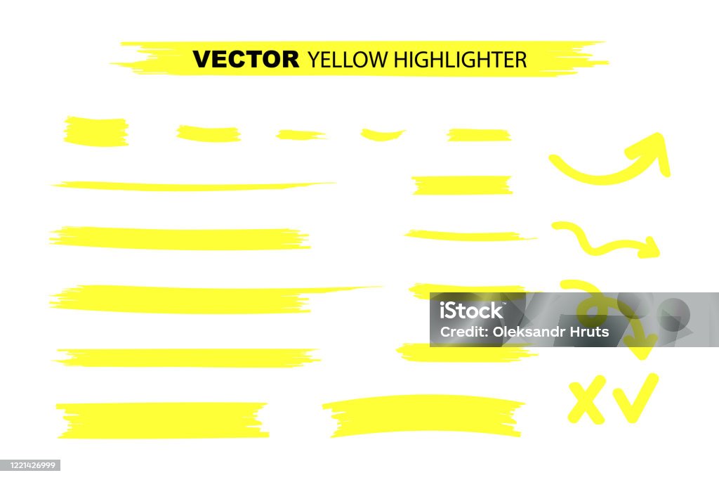 黄色の蛍光ペンマーカーストローク。黄色の水彩画手描きハイライトセット。ベクトルストックのイラスト。 - 蛍光マーカーのロイヤリティフリーベクトルアート