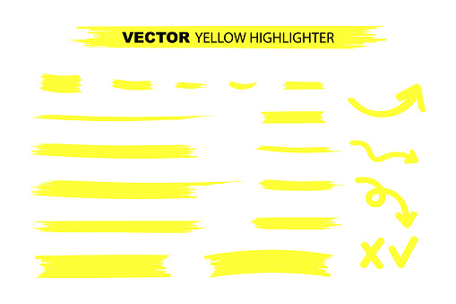Yellow Highlighter Marker Strokes. Yellow watercolor hand drawn highlight set. Vector stock illustration