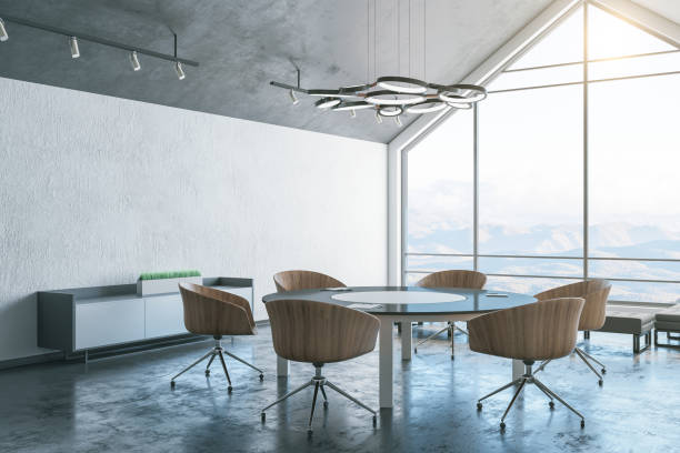 istock Luxury attic interior room and big light window with landscape view 1221427207