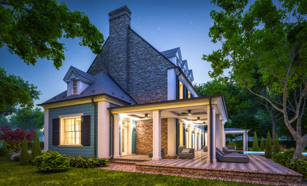 istock 3d rendering of modern classic house in colonial style in night 1221427464