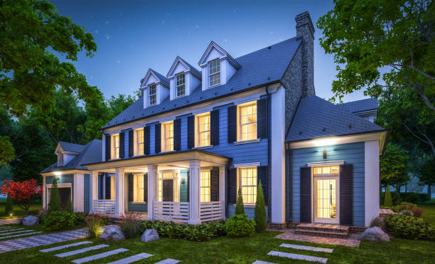 istock 3d rendering of modern classic house in colonial style in night 1221427465
