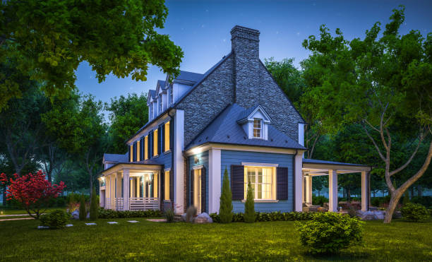 istock 3d rendering of modern classic house in colonial style in night 1221427568