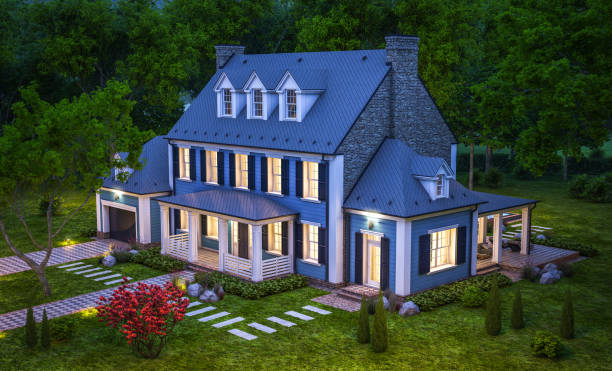 istock 3d rendering of modern classic house in colonial style in night 1221427571
