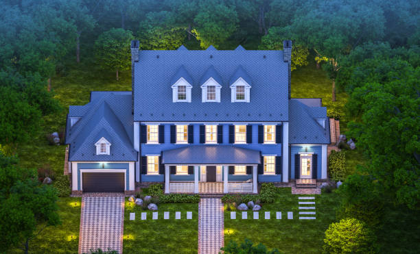 istock 3d rendering of modern classic house in colonial style in night 1221427573