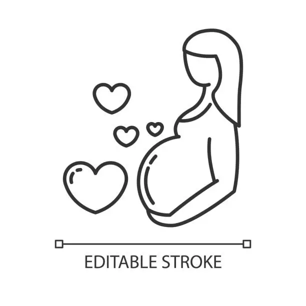 Vector illustration of Pregnancy care linear icon. Prenatal period. Motherhood, parenthood. Expecting baby. Medical procedure. Thin line illustration. Contour symbol. Vector isolated outline drawing. Editable stroke