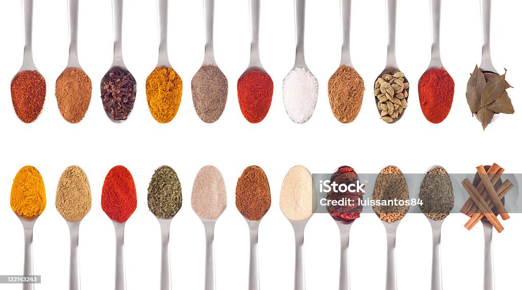Spices collection on spoons gorgeous collection of 22 spices on spoons (cumin, coriander, curry, paprika, chili, piri piri, cinnamon, fenugreek, cardamom, oregano, parsley, garlic, salt, cloves, garam masala, turmeric, bay) isolated on white background Coriander Seed Stock Photo