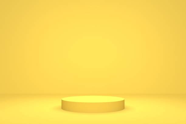 istock 3D Yellow Empty Product Stand, yellow background, yellow podium blank scene 1221433799