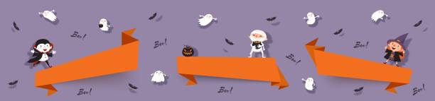 ilustraciones, imágenes clip art, dibujos animados e iconos de stock de halloween, establecer cintas de corte de papel con bruja, vampiro, fantasma, momia, murciélago - running mummified horror spooky