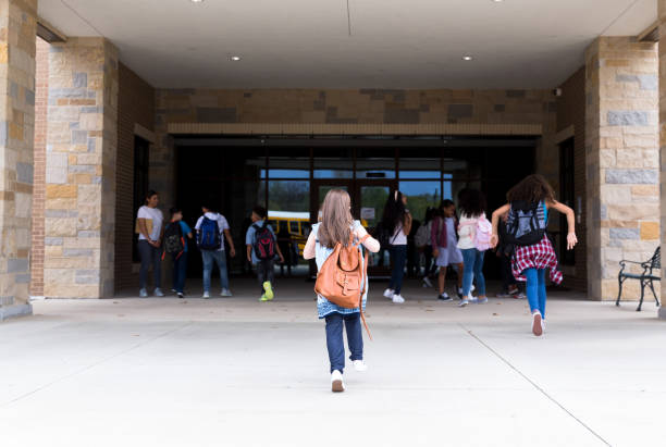 Group of student walking into school building Rear view of elementary schoolgirl walking into the school building school building stock pictures, royalty-free photos & images