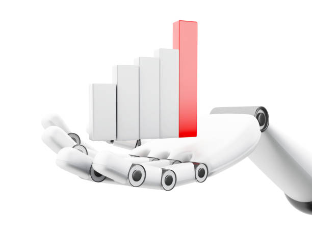 istock 3d illustraion. Robotic hand holding growing graph 1221436095