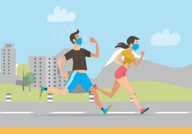 Vector illustration of Active people in face masks running outdoors