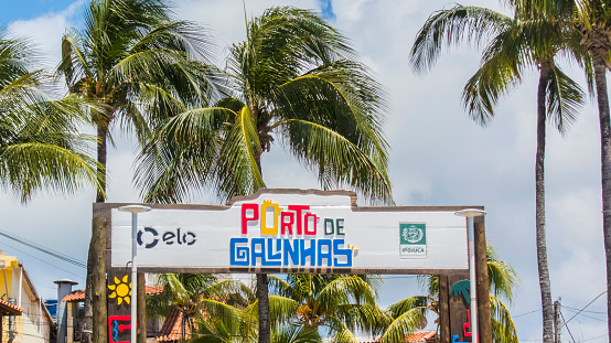 On September 16, 2019 in Porto Galinhas, State of Pernambuco, Brazil: \nSignboard with signage welcoming Porto Galinhas