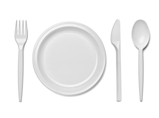 close up of plastic cutlery spoon, fork, knife and plate on white background