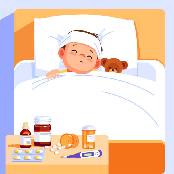 illustrazioni stock, clip art, cartoni animati e icone di tendenza di il ragazzo malato dorme a letto con un orsacchiotto e si sente così male con la febbre. illustrazione vettoriale del cartone animato. - child fever illness thermometer