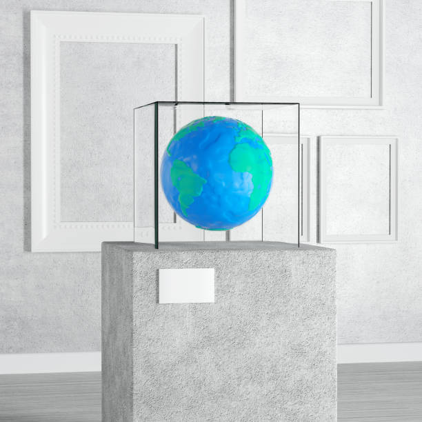 plasticine earth globe sur le piédestal, la scène, le podium ou la colonne avec glass showcase cube dans la galerie d’art ou le musée. rendu 3d - pedestal museum art museum podium photos et images de collection