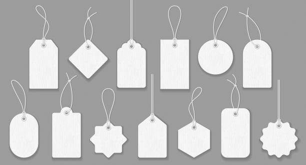 ilustrações de stock, clip art, desenhos animados e ícones de set of empty white price tags in different shapes. blank paper labels with string mockup isolated on grey background. luggage tag collection. vector illustration - label