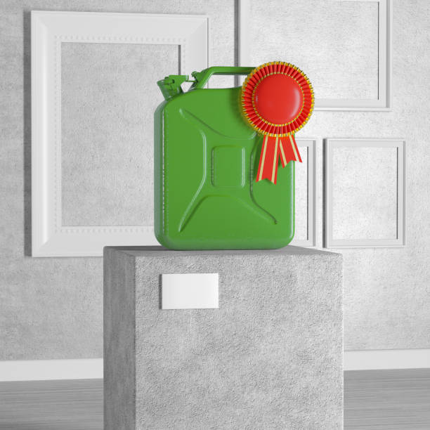 green metal fuel jerrycan avec red award ribbon rosette sur pedestal, stage, podium ou colonne dans art gallery ou museum. rendu 3d - pedestal museum art museum podium photos et images de collection
