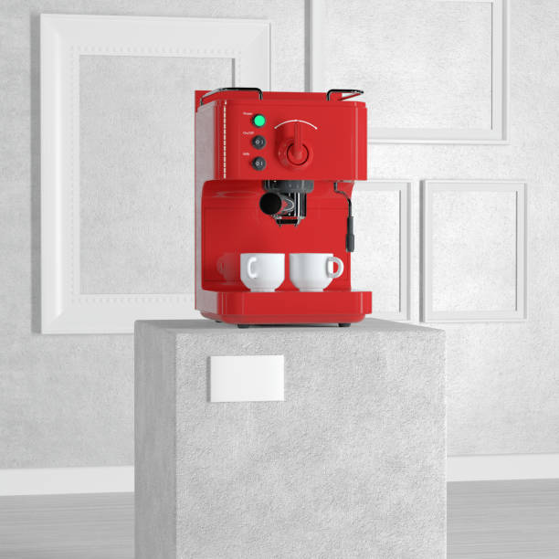 Espresso Coffee Making Machine over Pedestal, Stage, Podium or Column in Art Gallery or Museum on a white background. 3d Rendering