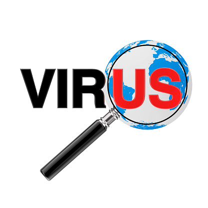 Magnifier Glass Focused on Red Us Sign in Virus Word with Earth Globe on a white background. 3d Rendering