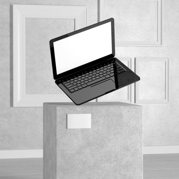 ordinateur portable moderne notebook sur le piédestal, scène, podium ou colonne dans la galerie d’art ou le musée. rendu 3d - pedestal museum art museum podium photos et images de collection
