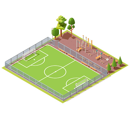 Vector 3d isometric green grass field for football games and street workout area. Soccer pitch near outdoor athletic gym with bar, bench and ladder. Sport concept. Isometry isolated on white background.