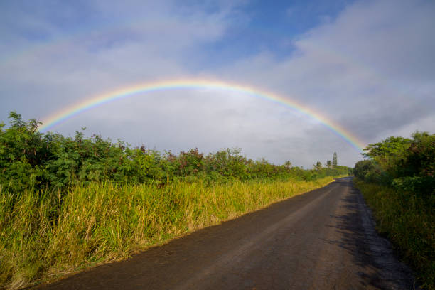 A small road ends with a rainbow.