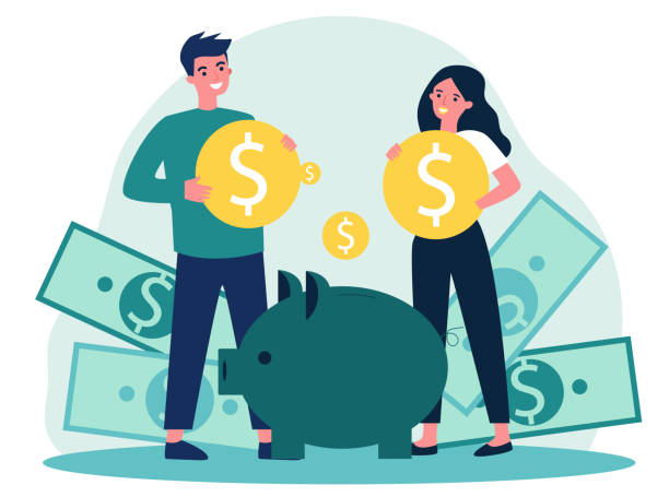 Young family investing money for future flat vector illustration Young family investing money for future flat vector illustration. Man and woman saving finances on deposit for house. Economy and financial independence concept. retirement plan document stock illustrations