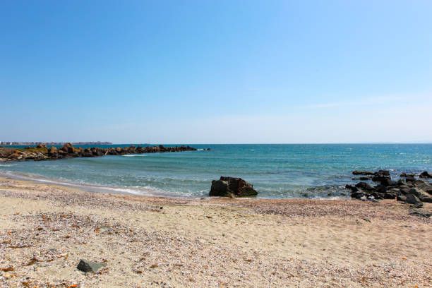istock Beach and sea in bright sunlight 1221442545
