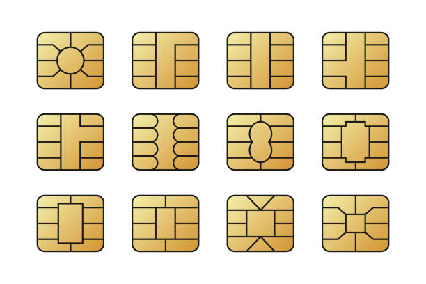 illustrazioni stock, clip art, cartoni animati e icone di tendenza di chip emv per carta di plastica bancaria. tecnologia nfc digitale. - microelectronic