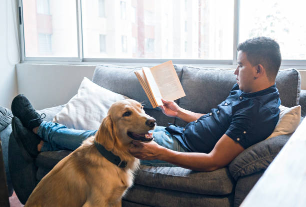 istock Latino man sitting on his sofa reads a book with his pet 1221443429