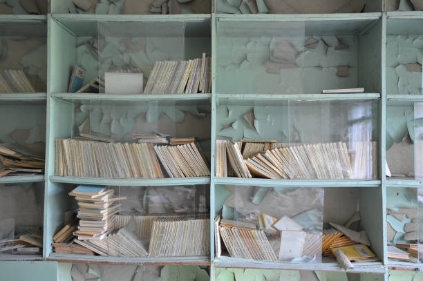 istock Bookcase in abandoned school in Chernobyl 1221443569