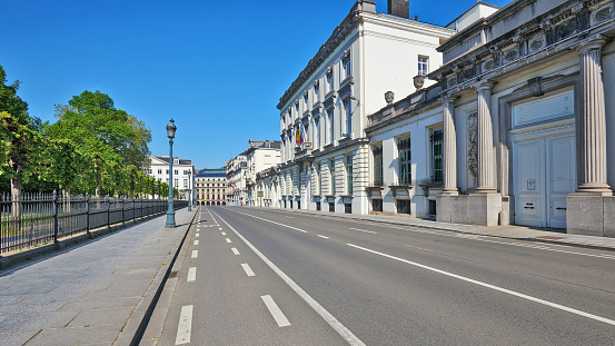 Brussels, Belgium - April 26, 2020: Street of the law and Royal park  at Brussels without any people during the confinement period.