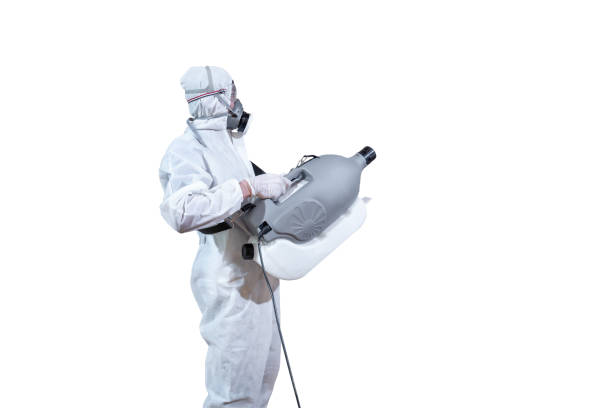Specific specialist and professional in virus protection suit holds machine to spray sanitizer liquid solution to kill Coronavirus (COVID-19) isolated on white clear background. Clipping Path. Specific specialist and professional in virus protection suit holds machine to spray sanitizer liquid solution to kill Coronavirus (COVID-19) isolated on white clear background. Clipping Path. backpack sprayer stock pictures, royalty-free photos & images
