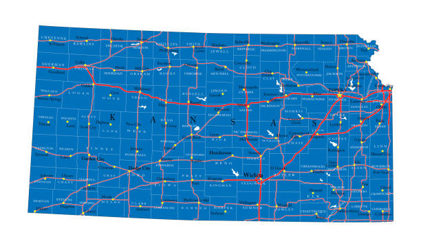 Kansas state political map Detailed map of Kansas state,in vector format,with county borders,roads and major cities. lawrence kansas stock illustrations