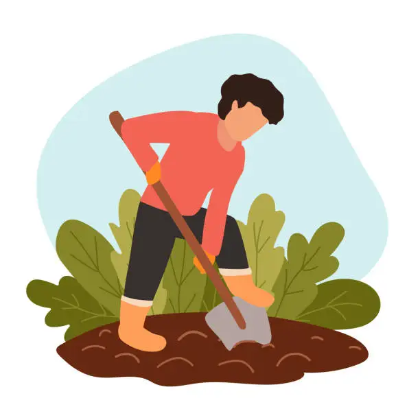 Vector illustration of Man digs soil with shovel on farm. Person in protective gloves and boots grows organic food. Concept of eco-farming, hard labor on country. Vector flat modern illustration. Preparing dirt for planting