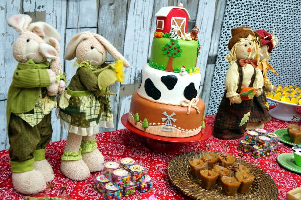 istock Child's birthday. Farm theme. Cake table with sweets and decoration 1221447919